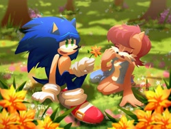 Size: 3072x2304 | Tagged: safe, artist:zinnyalila, sally acorn, sonic the hedgehog, chipmunk, hedgehog, 2026, daytime, duo, eyes closed, female, flower, forest, grass, holding something, laughing, looking at each other, male, nature, outdoors, plant, sally x sonic, sally's vest and boots, shadow (lighting), shipping, sitting, straight, tree