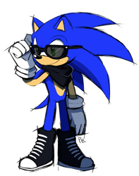 Size: 1024x1302 | Tagged: safe, artist:proboom, sonic the hedgehog, hedgehog, 2015, alternate outfit, bandana, boots, clothes, male, signature, simple background, sketch, smile, standing, sunglasses, swag, transparent background