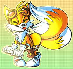 Size: 1024x977 | Tagged: safe, artist:pepooni, artist:proboom, miles "tails" prower, fox, 2015, abstract background, belt, bending over, chest fluff, clothes, cute, eyes closed, fangs, gloves, goggles, goggles on head, male, outline, shoes, solo, standing, tailabetes, tongue out