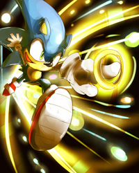 Size: 1024x1280 | Tagged: safe, artist:lizardoneievui13, sonic the hedgehog, hedgehog, 2014, male, mouth open, open smile, ring, running, smile, solo, treads