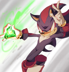 Size: 800x836 | Tagged: safe, artist:shira hedgie, shadow the hedgehog, hedgehog, 2015, chaos emerald, chest fluff, falling, looking offscreen, male, mid-air, smile, solo