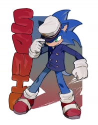 Size: 1321x1678 | Tagged: safe, artist:emptyloong1, sonic the hedgehog, hedgehog, the murder of sonic the hedgehog, alternate outfit, character name, clothes, english text, hat, male, solo