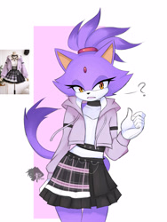 Size: 3000x4000 | Tagged: safe, artist:skyversa, blaze the cat, cat, clothes, fangs, female, fully clothed, hoodie, open mouth, question mark, reference inset, shirt, skirt, solo
