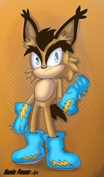 Size: 1080x1837 | Tagged: safe, artist:nonicpower, lynx, 2024, abstract background, fist, lightning lynx, looking at viewer, male, pose, solo, standing