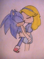 Size: 480x640 | Tagged: safe, artist:lunar-lotus, maria robotnik, sonic the hedgehog, hedgehog, human, 2014, age difference, blushing, cute, duo, eyes closed, female, hugging, kiss, kiss on lips, male, maria x sonic, mariabetes, shipping, sonabetes, standing, straight, traditional media