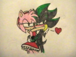 Size: 640x480 | Tagged: safe, artist:lunar-lotus, amy rose, mephiles the dark, hedgehog, 2015, amy x mephiles, blushing, duo, female, heart, hugging, lidded eyes, male, shipping, standing, straight, traditional media