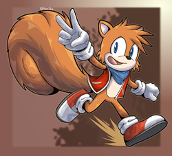 Size: 2200x2000 | Tagged: safe, artist:haiiroslash, oc, oc:scurry the squirrel, squirrel, 2026, arms out, bandana, clenched fist, clothes, gilet, gloves, looking at viewer, mouth open, oc only, open smile, running, shoes, smile, smiling at viewer, socks, solo, treads, v sign