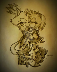Size: 1280x1615 | Tagged: safe, artist:1rev, amy rose, blaze the cat, cat, hedgehog, 2026, amy x blaze, deviantart watermark, duo, eyes closed, female, hugging, kiss, kiss on lips, lesbian, monochrome, obtrusive watermark, shipping, signature, sketch, standing, watermark