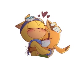 Size: 831x831 | Tagged: safe, artist:aaronlinxe, artist:novikimarimari, marine the raccoon, ray the flying squirrel, flying squirrel, raccoon, squirrel, 2025, bust, cute, duo, eyes closed, floppy ears, goggles, heart, hugging, marine x ray, marineabetes, rayabetes, scarf, shipping, signature, simple background, smile, straight, white background
