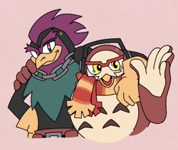 Size: 1170x989 | Tagged: safe, artist:calebartboy15, owl, 2026, arm around shoulders, don the rooster, don x nite, duo, father's day, gay, hand on another's shoulder, headphones, looking at viewer, male, nite the owl, pose, pride month, red background, rooster, scarf, shipping, simple background, standing, waving