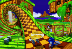 Size: 1280x876 | Tagged: safe, artist:lkurdyl, coconuts, miles "tails" prower, sonic the hedgehog, fox, sonic the hedgehog 2, 2026, abstract background, agender, badnik, bridge, classic sonic, classic sonic (universe), classic tails, clouds, coconut, daytime, duo focus, emerald hill, flower, flying, food, from behind, grass, invincibility monitor, life monitor, lineless, loop, male, monitor, orange brown checkerboard, outdoors, palm tree, plant, ring, ring monitor, robot, running, shield monitor, signature, spinning tails, spring, treads, tree, trio, tunnel, water, waterfall, westside island