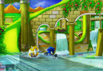 Size: 1280x876 | Tagged: safe, artist:lkurdyl, miles "tails" prower, sonic the hedgehog, fox, hedgehog, aquatic ruin zone, sonic the hedgehog 2, 2024, berry, classic sonic (universe), clouds, daytime, duo, food, fruit, grass, invincibility monitor, log, male, monitor, outdoors, pillar, plant, pointing, running, running on water, spinning tails, splash, treads, vine, water, waterfall