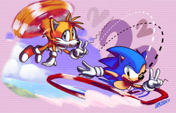 Size: 1280x826 | Tagged: safe, artist:artisyone, miles "tails" prower, sonic the hedgehog, fox, hedgehog, 2021, brown eyes, classic sonic, classic tails, duo, dust clouds, flying, looking at viewer, male, mid-air, mouth open, open smile, running, signature, smile, smiling at viewer, spinning tails, v sign, wink, winking at viewer