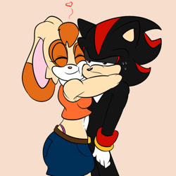 Size: 600x600 | Tagged: suggestive, artist:soul-yagami64, cream the rabbit, shadow the hedgehog, rabbit, 2023, aged up, belt, cheek squish, cheek to cheek, clothes, crop top, duo, eyes closed, female, flat colors, frown, hugging, lidded eyes, male, older, shadow is not amused, shadream, shipping, shorts, simple background, smile, straight, sweatdrop, thong, unamused