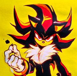 Size: 1226x1200 | Tagged: safe, artist:kotana-poltergeist, shadow the hedgehog, hedgehog, 2026, dust clouds, eyestrain, fingers together, front view, looking at viewer, male, simple background, solo, standing, yellow background