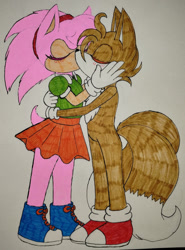 Size: 1280x1734 | Tagged: safe, artist:firestormcabbit, amy rose, miles "tails" prower, fox, hedgehog, 2026, amy x tails, blushing, classic amy, duo, eyes closed, female, hugging, kiss, kiss on lips, male, shipping, sonic satam, standing, straight, traditional media
