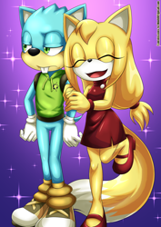 Size: 1024x1447 | Tagged: safe, artist:bbmbbf, zooey the fox, fox, 2015, beaver, buck teeth, duo, eyes closed, female, frown, holding arm, justin beaver, justin x zooey, lidded eyes, male, mouth open, open smile, shipping, smile, sonic boom (tv), sparkles, standing, standing on one leg, straight, unamused