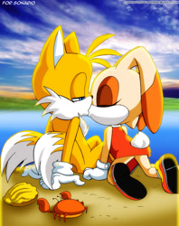 Size: 700x882 | Tagged: safe, artist:bbmbbf, cream the rabbit, miles "tails" prower, fox, rabbit, 2008, all fours, beach, clam, clouds, crab, cream x tails, daytime, duo, eyes closed, female, kiss, kiss on lips, kneeling, lidded eyes, literal animal, looking at them, male, outdoors, shell, shipping, sitting, straight, water