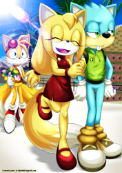 Size: 1024x1447 | Tagged: safe, artist:bbmbbf, miles "tails" prower, zooey the fox, fox, 2015, abstract background, alternate version, beaver, bouquet, buck teeth, daytime, eyes closed, female, flower, frown, heartbreak, holding arm, holding something, house, justin beaver, justin x zooey, lens flare, lidded eyes, male, mouth open, open smile, outdoors, palm tree, plant, sand, shipping, shipping denied, smile, sonic boom (tv), standing, standing on one leg, straight, sun, tree, trio, unamused