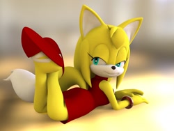 Size: 1280x960 | Tagged: suggestive, artist:bbmbbf, zooey the fox, fox, 2017, 3d, female, gradient background, legs up, lidded eyes, looking back, lying down, lying on front, smile, solo, stupid sexy zooey