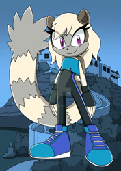 Size: 1280x1807 | Tagged: safe, artist:shadowy-viper, oc, oc:yumi the lemur, lemur, 2021, cel shaded, clothes, deviantart watermark, eye clipping through hair, fankid, female, fingerless gloves, gloves, looking at viewer, magical lesbian spawn, obtrusive watermark, oc only, parent:tangle, parent:whisper, parents:whispangle, running suit, shoes, smile, solo, standing, watermark