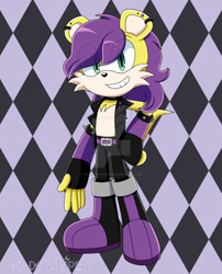 Size: 1280x1583 | Tagged: safe, artist:shadowy-viper, mina mongoose, mongoose, 2024, belt, boots, cel shaded, clenched teeth, clothes, deviantart watermark, eye clipping through hair, eyebrow clipping through hair, fingerless gloves, gender swap, gilet, gloves, hand on hip, looking at viewer, male, obtrusive watermark, pants, smile, solo, watermark