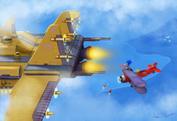 Size: 1280x876 | Tagged: safe, artist:lkurdyl, miles "tails" prower, sonic the hedgehog, bird, fox, hedgehog, sky chase zone, sonic the hedgehog 2, 2025, badnik, balkiry, classic sonic (universe), clouds, daytime, duo, fire, flame, flying, lineless, literal animal, male, mid-air, nebula, outdoors, plane, pointing, propeller, robot, signature, tornado i, vehicle