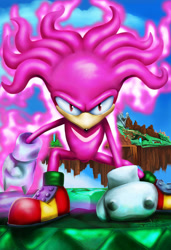 Size: 1280x1871 | Tagged: safe, artist:lkurdyl, knuckles the echidna, echidna, 2022, angel island, classic sonic (universe), daytime, front view, hyper form, hyper knuckles, island, lineless, looking at viewer, male, master emerald, outdoors, solo