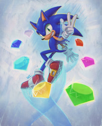 Size: 1280x1576 | Tagged: safe, artist:bzart55, sonic the hedgehog, hedgehog, 2026, anniversary, chaos emerald, clenched teeth, looking at viewer, male, mid-air, smile, smiling at viewer, solo, treads, v sign