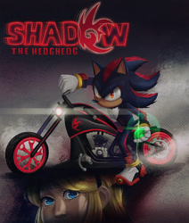 Size: 1280x1507 | Tagged: safe, artist:bzart55, maria robotnik, shadow the hedgehog, human, sonic the hedgehog 3 (film), 2023, chaos emerald, character name, dark rider, duo, english text, female, holding something, lineless, looking at viewer, male, motorcycle, movie poster, poster, shadow the hedgehog (video game), shadow's logo, shine, text, vehicle