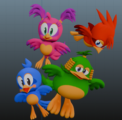 Size: 845x834 | Tagged: safe, artist:steelyproductions, flicky, bird, sonic 3d blast, 2026, 3d, ambiguous gender, flying, gradient background, green flicky, group, looking at viewer, mid-air, mouth open, pink flicky, red flicky