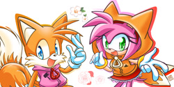 Size: 1200x600 | Tagged: safe, artist:alisa006, amy rose, miles "tails" prower, fox, hedgehog, 2022, amybetes, cosplay, cute, duo, duo male and female, female, flower, hammer, hoodie, jacket, looking at viewer, male, matching, mouth open, open smile, plant, rose, simple background, smile, standing, tailabetes, v sign, white background, zip
