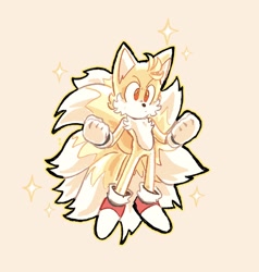 Size: 1034x1088 | Tagged: safe, artist:thatrabbitfella, miles "tails" prower, super tails, fox, 2026, alternate super form, clenched fists, flying, frown, glowing, grey background, kitsune, looking offscreen, mid-air, outline, simple background, solo, sparkles, super form
