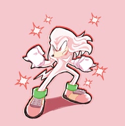Size: 1303x1313 | Tagged: safe, artist:thatrabbitfella, knuckles the echidna, super knuckles, echidna, 2026, clenched fists, clenched teeth, fighting pose, frown, glowing, looking offscreen, male, outline, pink background, posing, simple background, solo, sparkles, standing, super form