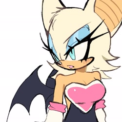 Size: 2048x2048 | Tagged: safe, artist:youare_love1y, rouge the bat, bat, 2026, cleavage, eyelashes, female, frown, lidded eyes, looking offscreen, simple background, solo, standing, white background