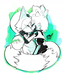Size: 1300x1560 | Tagged: safe, artist:emilex56, tangle the lemur, whisper the wolf, lemur, wolf, 2026, blushing, duo, eye clipping through hair, eyes closed, female, gradient background, hand on face, holding each other, kiss, lesbian, monochrome, shipping, signature, simple background, standing, tail fluff, tangle x whisper, wagging tail, white background, wrapped in tail