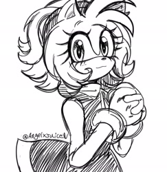 Size: 1994x2048 | Tagged: safe, artist:usagivivy, amy rose, hedgehog, 2026, :3, eyelashes, female, hands together, line art, looking at viewer, monochrome, signature, simple background, sketch, smile, smiling at viewer, solo, white background