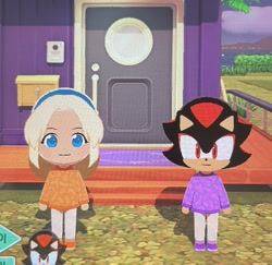 Size: 2048x1991 | Tagged: safe, artist:dia_sh_ma, maria robotnik, shadow the hedgehog, human, 2026, :|, cute, daytime, duo, female, frown, grass, hedge, house, looking at viewer, male, mariabetes, outdoors, screencap, shadowbetes, smile, standing, tomodachi life:living the dream, tree
