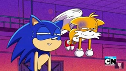 Size: 736x414 | Tagged: safe, miles "tails" prower, sonic the hedgehog, fox, hedgehog, cartoon network, cartoon network logo, duo, faic, floppy ears, flying, let's meet sonic, looking offscreen, male, mid-air, ok k.o.! let's be heroes, reaction image, screencap, smile, spinning tails, squinting, sweatdrop