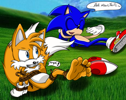 Size: 948x750 | Tagged: safe, artist:shadz-the-fox, artist:silentsoulari, miles "tails" prower, sonic the hedgehog, fox, hedgehog, 2014, barefoot, bondage, cel shaded, clouds, daytime, dialogue, duo, english text, exclamation mark, eyes closed, gagged, gloves, grass, looking at them, lying down, male, malesub, outdoors, rope, shoes, shoes off, speech bubble, tape, tape gag, text, treads