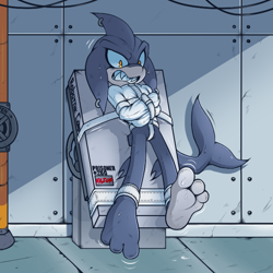 Size: 600x600 | Tagged: safe, artist:vagabondwolves, razor the shark, 2021, barefoot, bondage, clenched teeth, frown, indoors, looking down, male, pipe, prison, shark, sharp teeth, solo, straight jacket, struggling, tied up, wire