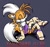 Size: 318x298 | Tagged: safe, artist:vagabond01, miles "tails" prower, fox, 2001, arm sleeves, butt, clothes, crossdressing, dress, ear piercing, femboy, garter, heels, lidded eyes, looking at viewer, male, posing, purple background, ring (jewelry), simple background, smile, solo, stockings