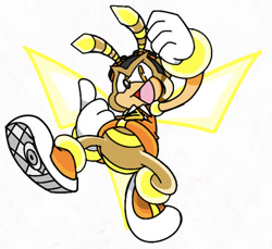 Size: 750x687 | Tagged: safe, artist:calebartboy15, charmy bee, bee, 2023, male, mouth open, open smile, simple background, smile, smiling at viewer, solo, solo male, super charmy, super form, thumbs up, treads, white background