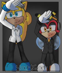 Size: 1280x1506 | Tagged: safe, artist:yarat14, charmy bee, ray the flying squirrel, bee, flying squirrel, squirrel, 2026, clothes, duo, duo male, gradient background, lidded eyes, male, salute, smile, suit, tie, watermark
