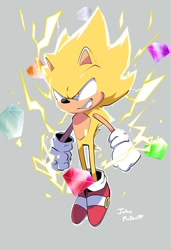 Size: 640x934 | Tagged: safe, artist:john mcdevitt, sonic the hedgehog, super sonic, hedgehog, aura, chaos emerald, clenched fists, grey background, looking offscreen, male, simple background, smile, solo, solo male, super form