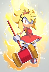 Size: 640x934 | Tagged: safe, artist:john mcdevitt, amy rose, hedgehog, aura, female, flying, frown, gradient background, holding something, looking at viewer, mid-air, piko piko hammer, solo, solo female, super amy, super form, weapon