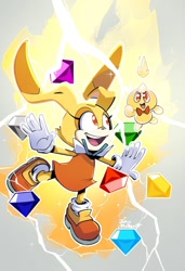 Size: 640x934 | Tagged: safe, artist:john mcdevitt, cheese (chao), cream the rabbit, chao, rabbit, agender, aura, chaos emerald, duo, female, gradient background, mouth open, neutral chao, open smile, signature, smile, sparkles, super cheese, super cream, super form