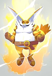 Size: 640x934 | Tagged: safe, artist:john mcdevitt, big the cat, cat, aura, clenched fists, flying, gradient background, looking offscreen, male, mid-air, signature, solo, solo male, super big, super form