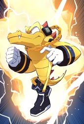 Size: 640x934 | Tagged: safe, artist:john mcdevitt, vector the crocodile, crocodile, aura, clenched fist, fangs, flying, looking offscreen, male, mid-air, smile, solo, solo male, sparkles, super form, super vector
