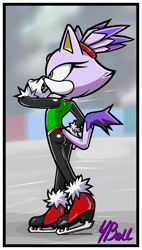 Size: 1250x2200 | Tagged: safe, artist:fourball, blaze the cat, cat, 2021, bodysuit, border, butt, female, gilet, ice, ice skates, ice skating, jacket, looking offscreen, solo, solo female